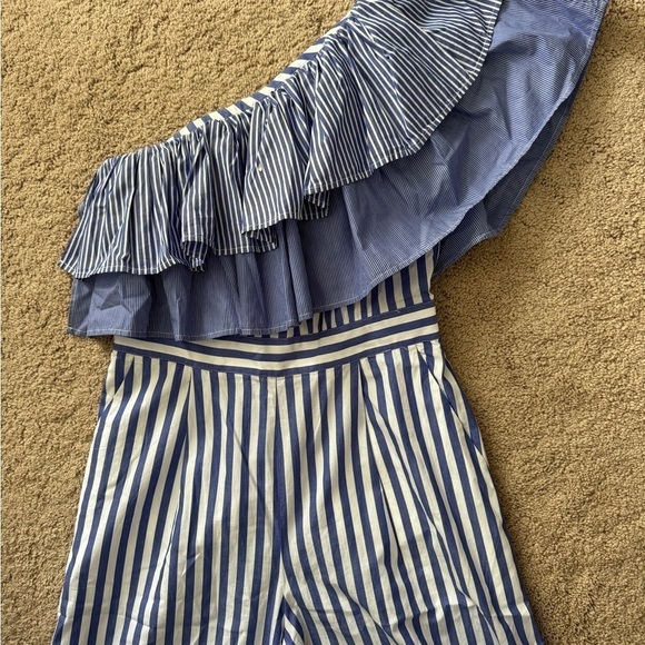 J.Crew- Blue and White Stripe One Shoulder Multi Ruffle Jumpsuit - Picture 8 of 8